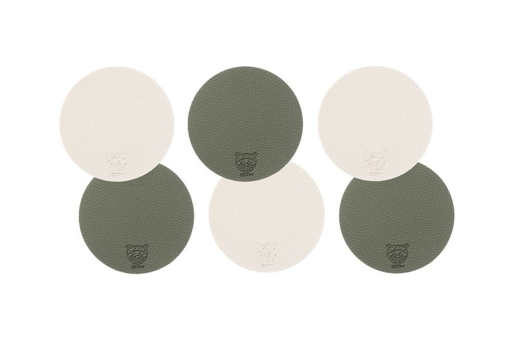 Wendbare Untersetzer "rund" - recyceltes Leder - 6 tlg. - Creme/Grün