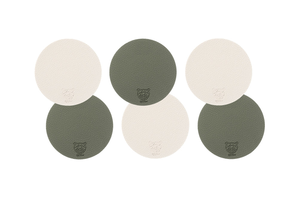 Wendbare Untersetzer "rund" - recyceltes Leder - 6 tlg. - Creme/Grün