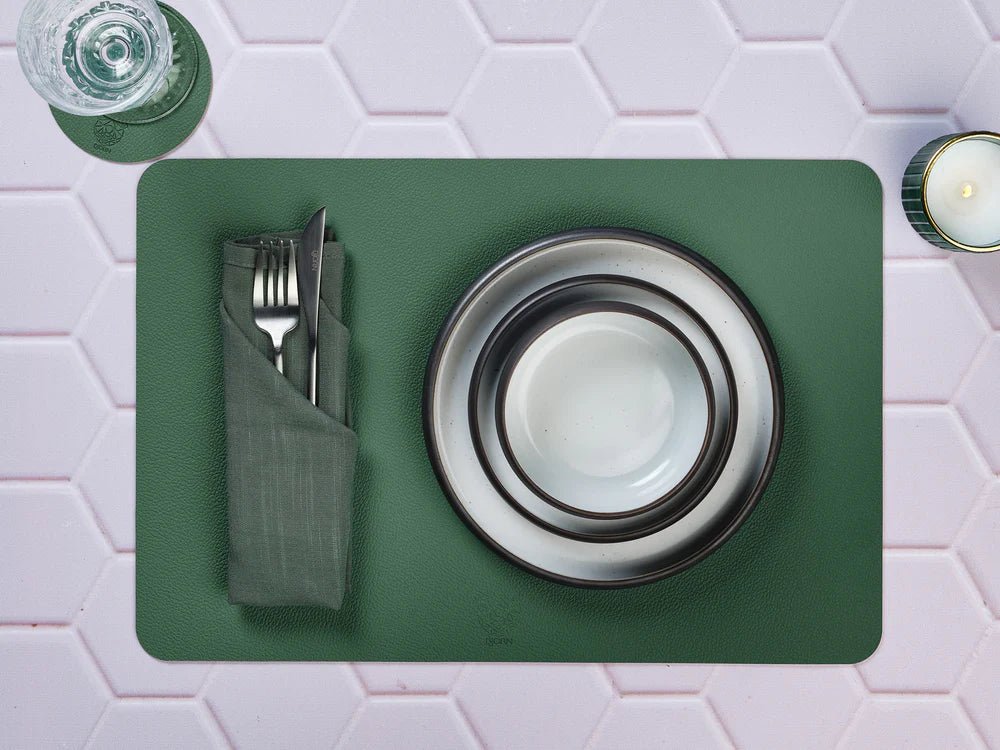 Sottobicchiere rotondo reversibile - 6 pezzi - Pelle riciclata giallo senape e verde abete