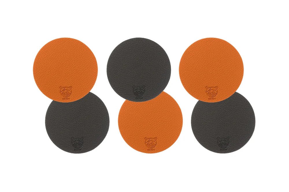Wendbare Untersetzer "rund" - recyceltes Leder - 6 tlg. - Orange/Braun