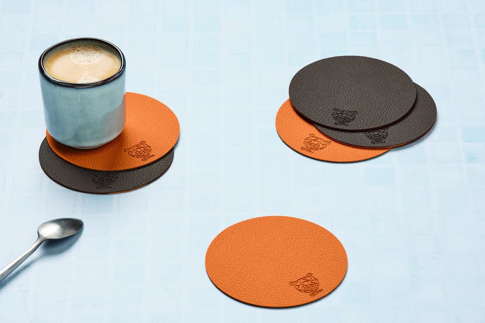 Wendbare Untersetzer "rund" - recyceltes Leder - 6 tlg. - Orange/Braun