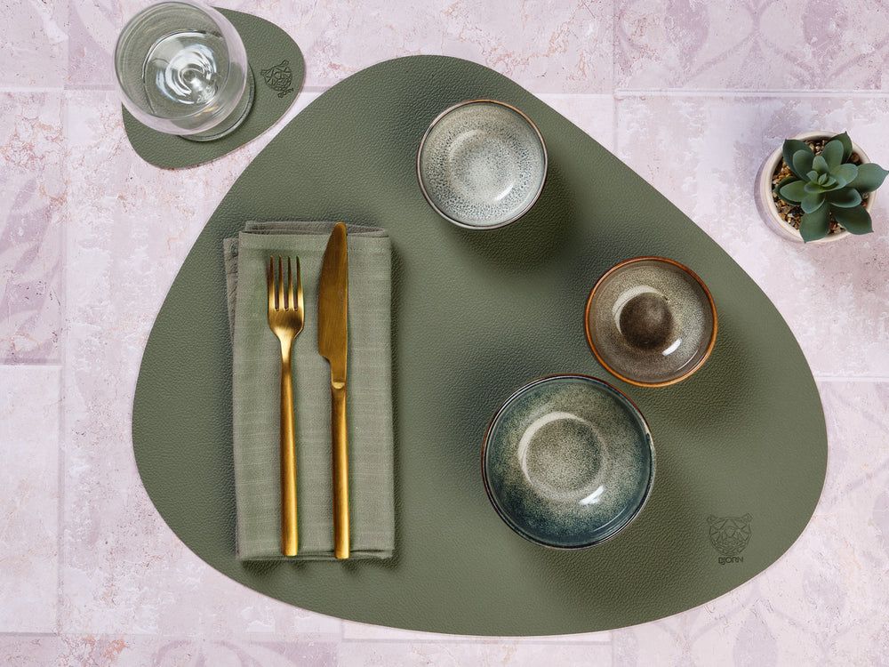 Sottobicchiere curva reversibile - 6 pezzi - Pelle riciclata bianco crema e verderame