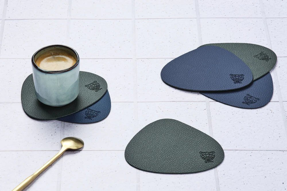 Wendbare Untersetzer "stone" - recyceltes Leder - 6 tlg. - Blau/Grau