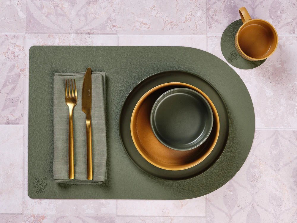 Tovaglietta rettangolare reversibile - 6 pezzi - Pelle riciclata bianco crema e verderame