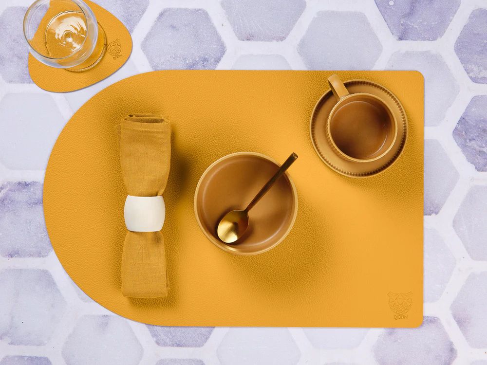 Wendbares Tischset "arcus" - recyceltes Leder - 6 tlg. - Gelb/Grün