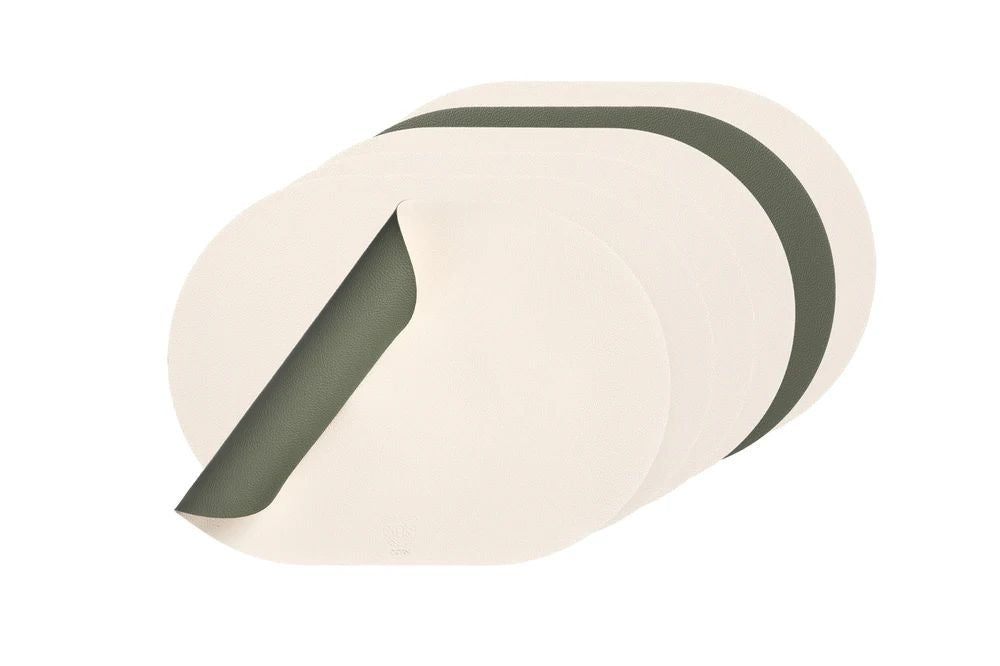 Wendbares Tischset "oval" - recyceltes Leder - 6 tlg. - Creme/Grün