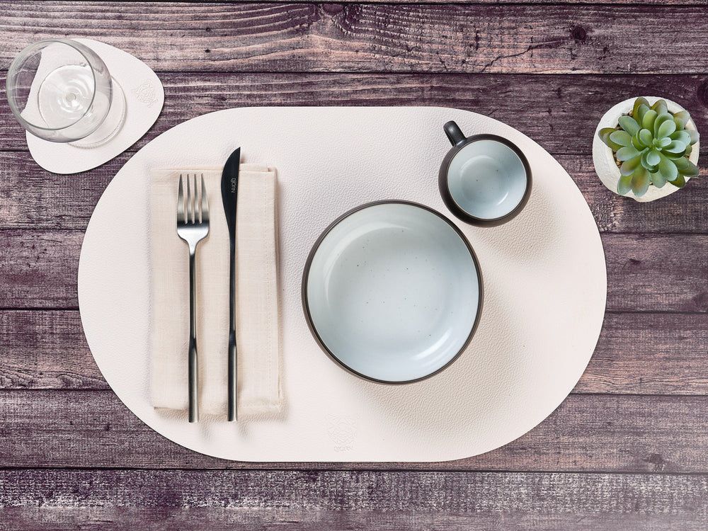 Wendbares Tischset "oval" - recyceltes Leder - 6 tlg. - Creme/Grün