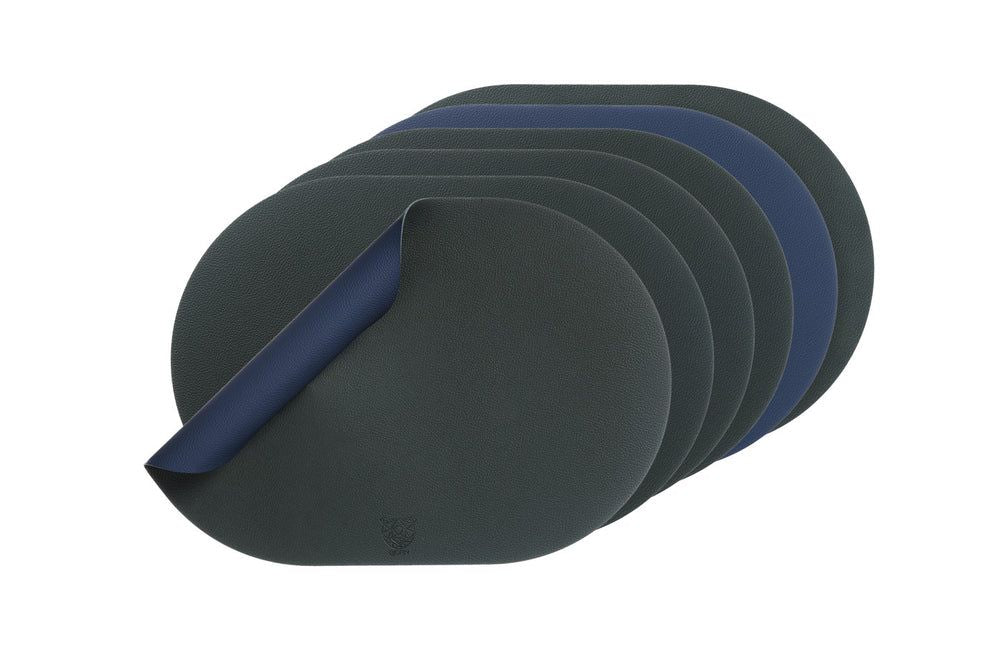 Wendbares Tischset "oval" - recyceltes Leder - 6 tlg. - Blau/Grau