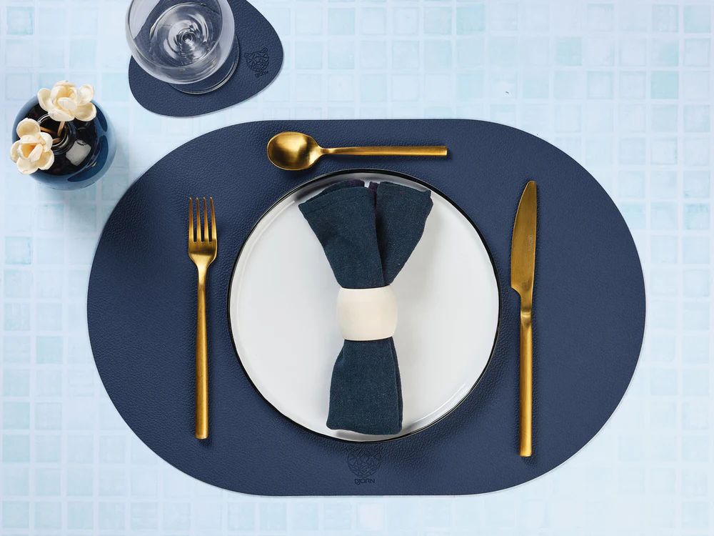 Reversible oval placemat - 6 pieces - Midnight blue and anthracite gray recycled leather