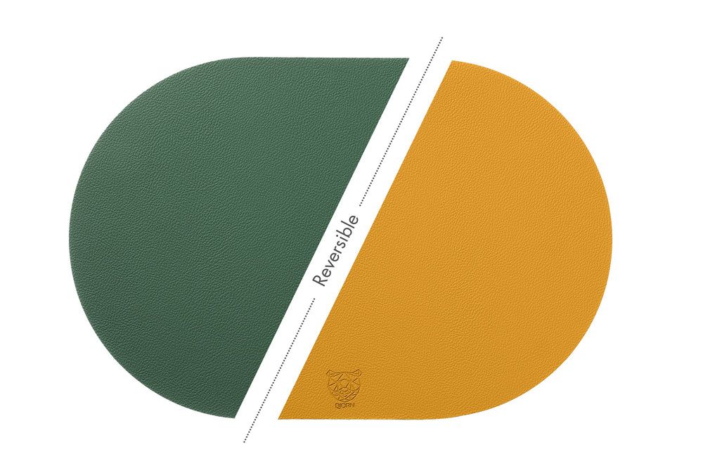 Reversible oval placemat - 6 pieces - Mustard yellow and fir green recycled leather