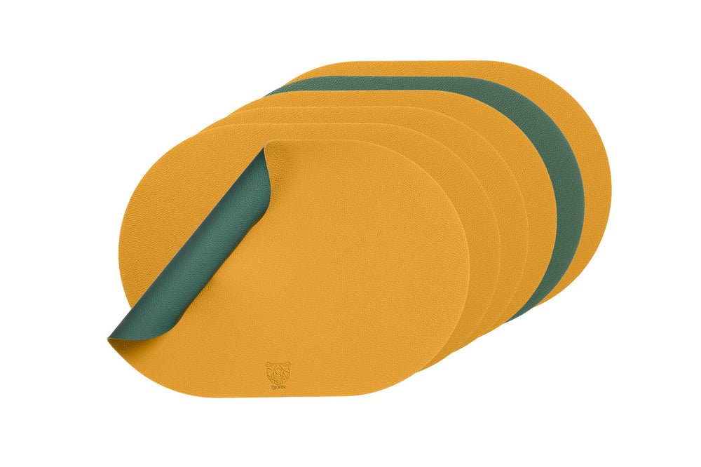 Wendbares Tischset "oval" - recyceltes Leder - 6 tlg. - Gelb/Grün