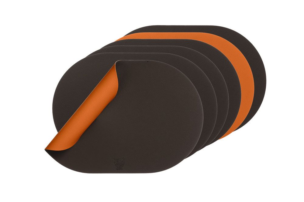 Wendbares Tischset "oval" - recyceltes Leder - 6 tlg. - Orange/Braun