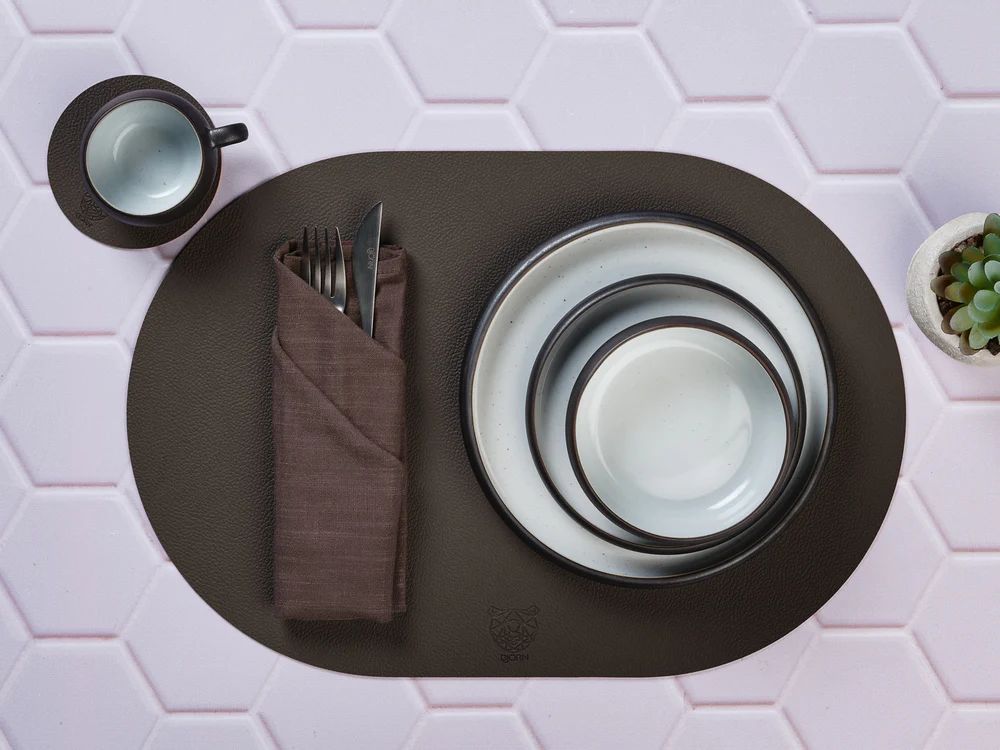 Wendbares Tischset "oval" - recyceltes Leder - 6 tlg. - Orange/Braun