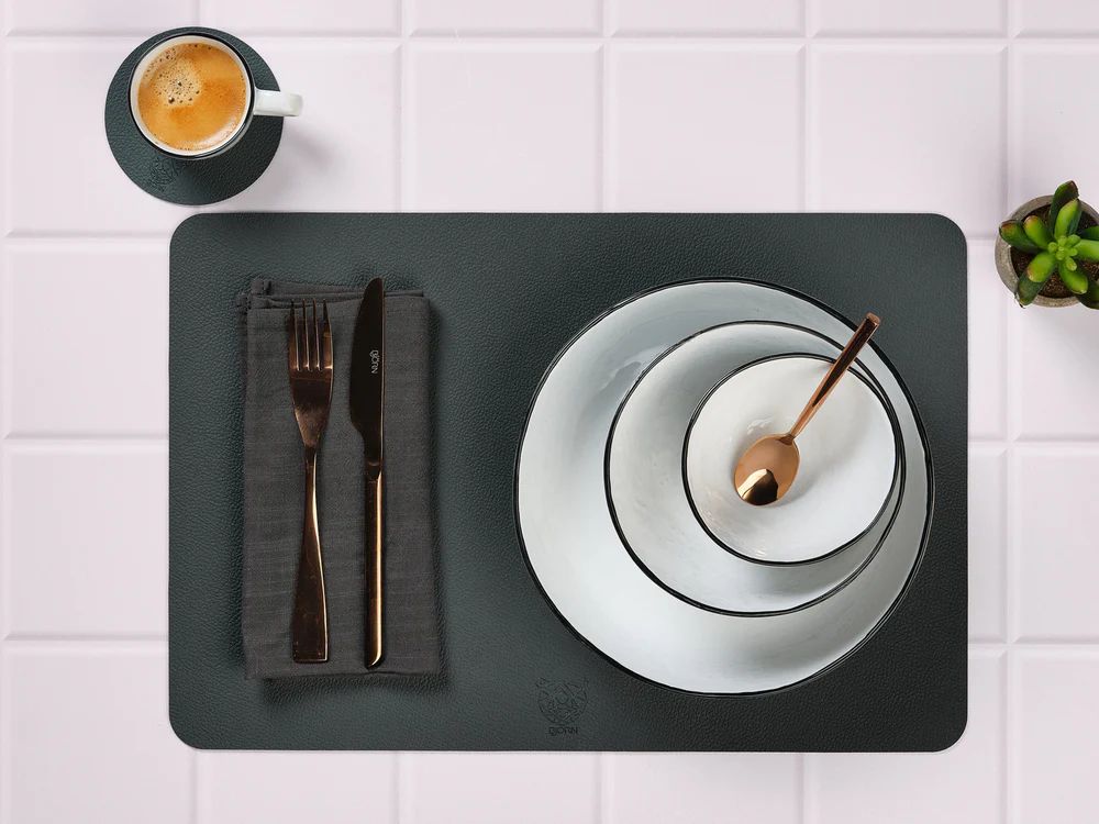 Reversible rectangular placemat - 6 pieces - Midnight blue and anthracite gray recycled leather