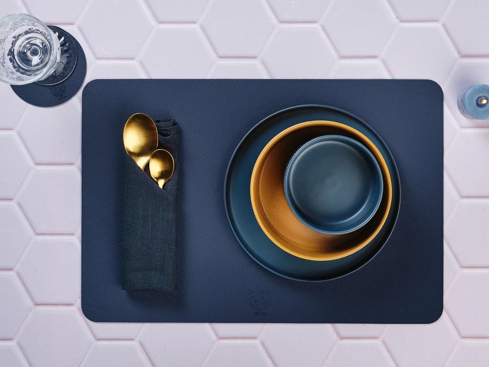 Reversible rectangular placemat - 6 pieces - Midnight blue and anthracite gray recycled leather