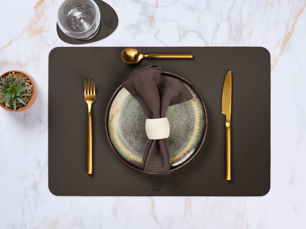 Wendbares Tischset "rechteckig" - recyceltes Leder - 6 tlg. - Orange/Braun