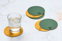 Reversible round coaster - 6 pieces - Mustard yellow and fir green recycled leather