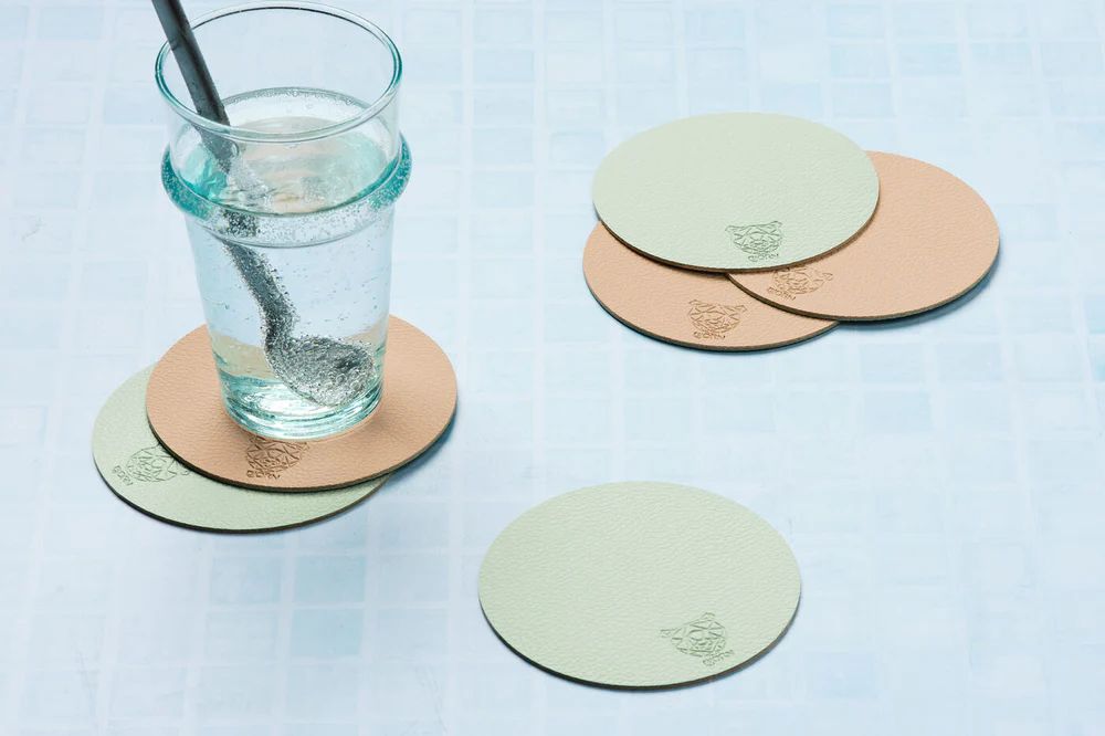 Wendbare Untersetzer "rund" - recyceltes Leder - 6 tlg. - Rosa/Grün