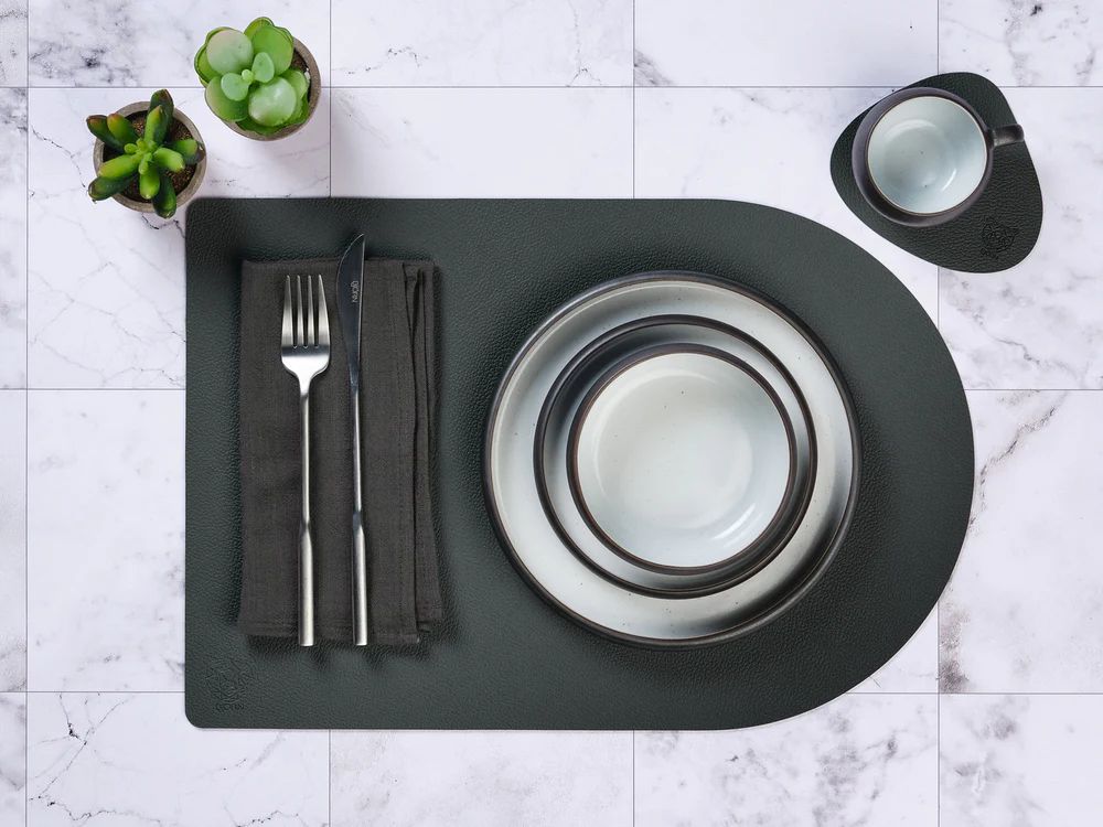 Reversible rectangular placemat - 6 pieces - Midnight blue and anthracite gray recycled leather