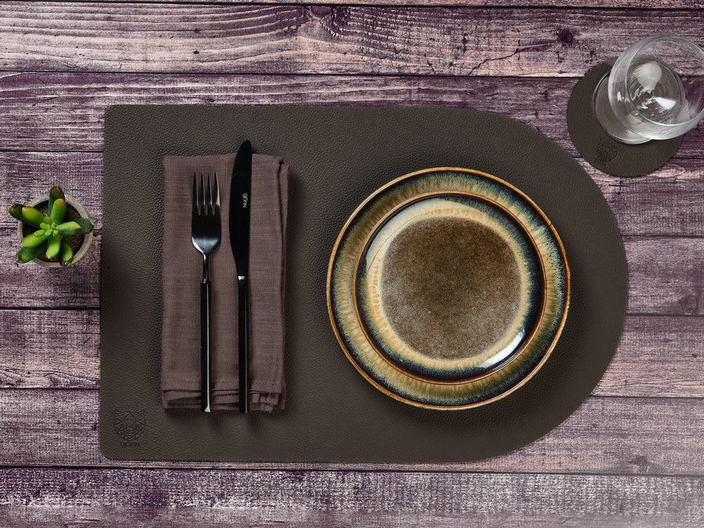 Reversible rectangular placemat - 6 pieces - Orange and chocolate recycled leather