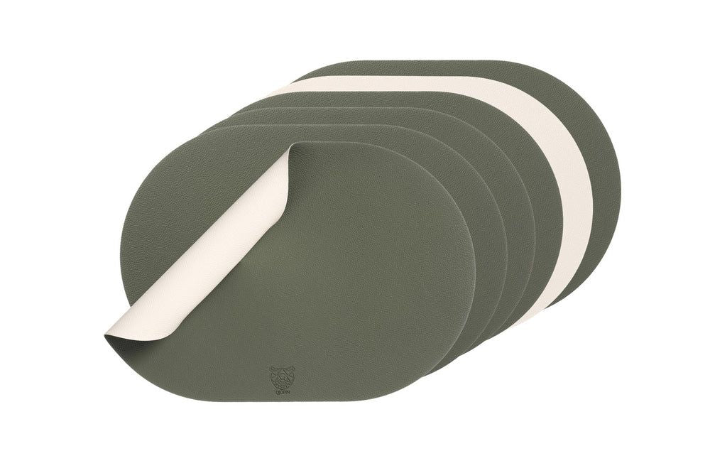 Wendbares Tischset "oval" - recyceltes Leder - 6 tlg. - Creme/Grün