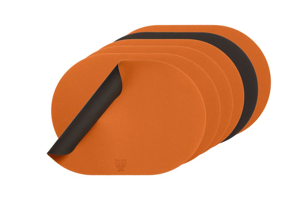 Wendbares Tischset "oval" - recyceltes Leder - 6 tlg. - Orange/Braun