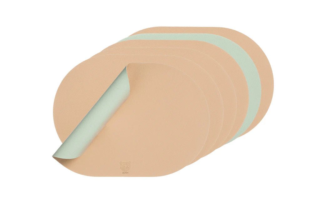 Tovaglietta ovale reversibile - 6 pezzi - Pelle riciclata rosa pallido e verde pallido