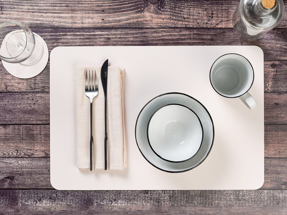 Reversible rectangular placemat - 6 pieces - Creamy white and verdigris recycled leather