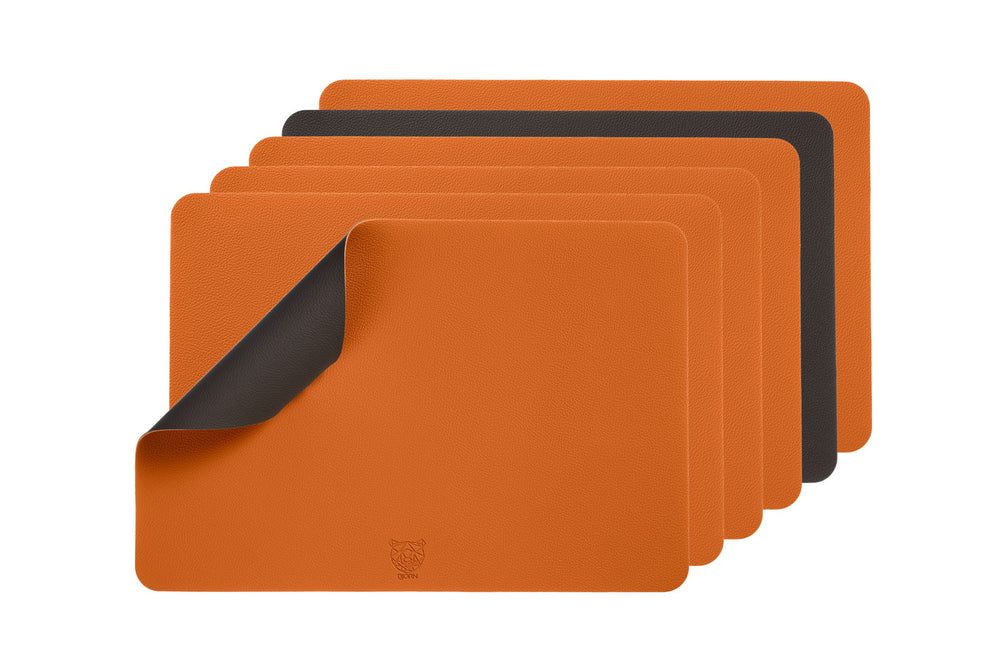 Wendbares Tischset "rechteckig" - recyceltes Leder - 6 tlg. - Orange/Braun