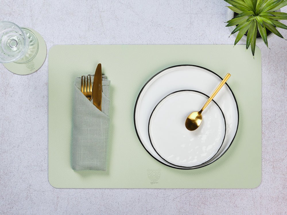 Tovaglietta rettangolare reversibile - 6 pezzi - Pelle riciclata rosa pallido e verde pallido